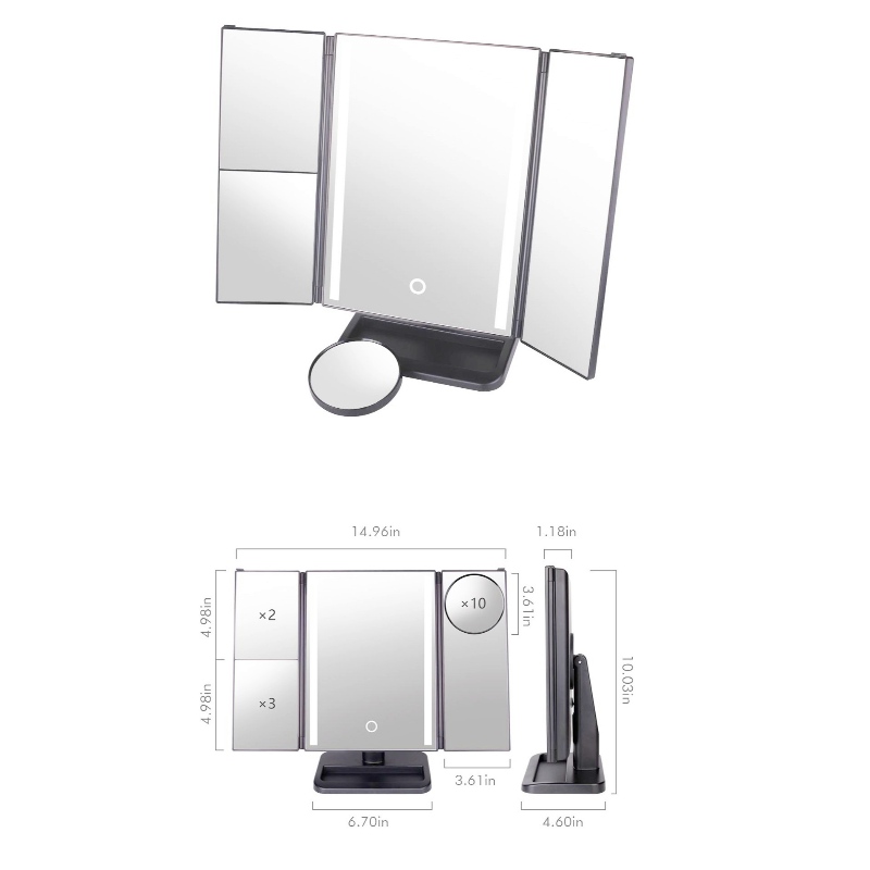 BEALUXUR 조명 삼중 화장 거울, LED 접는 1X 2X 3X 10X 확대 화장 거울 터치 스크린 스위치, 이중 전원 공급 장치, 180도 회전